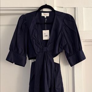 Xirena Dark Blue Puff Sleeve Cut Out Midi Dress